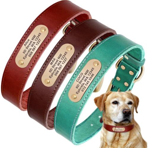 Real Leather Dog Collar Personalized Pet ID Collars Custom Engraved Tag for Small Large Dogs Pitbull German Shepherd XXS-XL