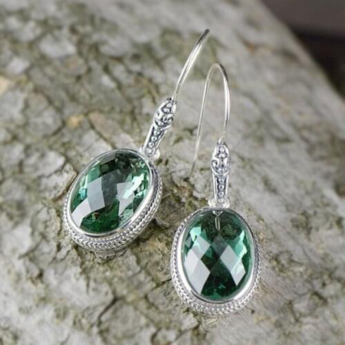 L&P Women Vintage Green Crystal Dangle Earrings 925 Sterling Sliver Handmade Dangle Earrings Jewelry Girl Gifts