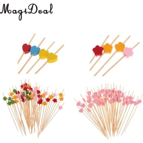 MagiDeal 100pcs/Lot Heart/Flower Bamboo Cocktail Sticks Sandwich Fruit Toothpick Picks Cupcake Toppers DIY Party Decor