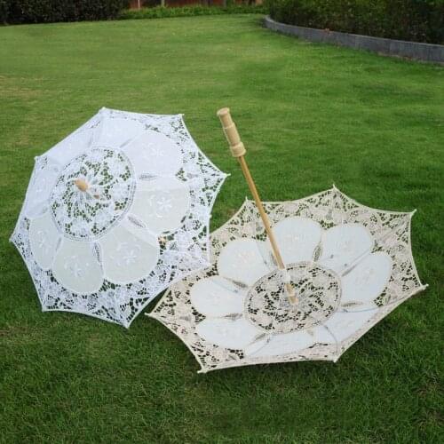 Small Wedding Umbrella Wooden Handle Embroidered Cotton Lace White Beige European-Style Wedding Photography Props Decoration