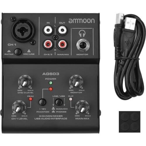 Ammoon AGS03 3-Channel Mini Mixer Mixing Console USB Audio Interface Plug-and-Play 18V Phantom Power for Home Studio Recording