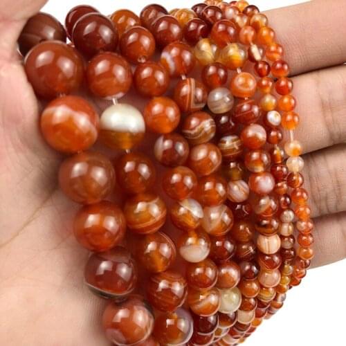 MKTREG Red Stripe Banded Carnelian Beads Natural Stone Ball 4 6 8 10 12MM Round Loose Beads For Jewelry Bracelet DIY Making 15