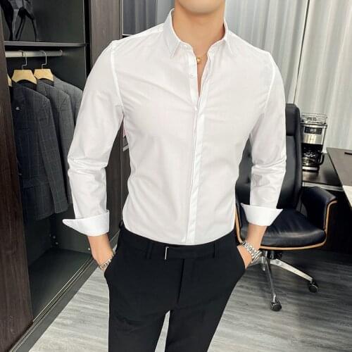 Mens Long Sleeve Pure Color Casual Shirt Mens High Quality Fashion Business Slim Dark Button Shirt Formal Office Dress Shirt