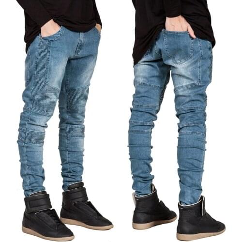 Hi-Street Mens Biker Jeans Motorcycle Slim Fit Washed Men Runway Slim Racer Biker Jeans Strech Hiphop Jeans For Men