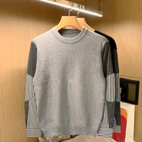 2021 Spring Autumn New Fake Two Pieces Mens Sweater Striped Lapel Collared Shirt Long Sleeve Men Casual Knitted Pullovers E208