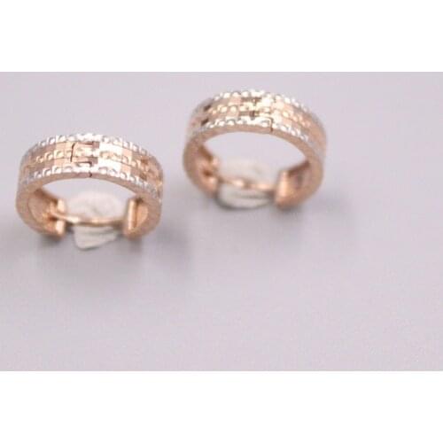 Real 18K Multi-Tone Gold Earrings 14x5.5mm Rose/White Colour Triplex Row Pattern Ear Hoop For Women