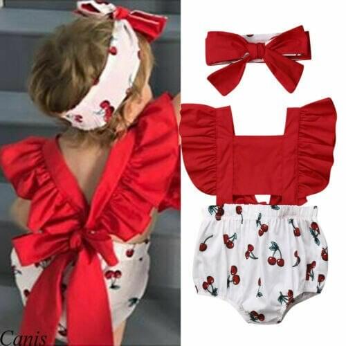 Newborn Infant Baby Girl Floral Clothes Cherry Print Ruffle Sleeve Romper Headband Outfit Set