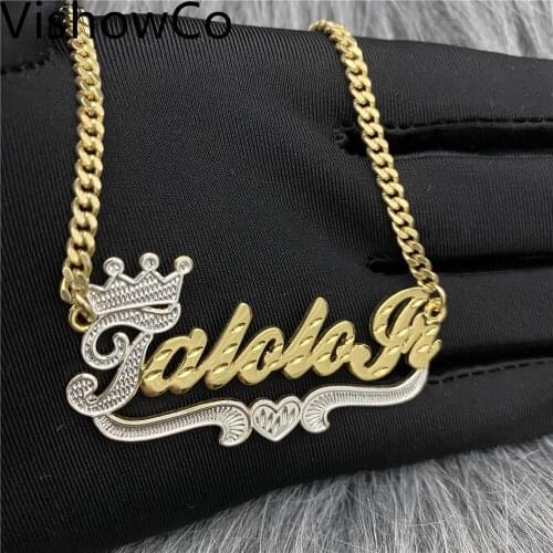 VishowCo Custom Name Necklace Custom Two Color Personalized Stainless Steel Heart And Crown Nameplate Necklace For Women Gifts