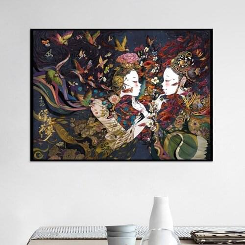 Canvas Painting Chinese Elements Girl Flying in The Air Posters And Prints Animal Wall Picture For Living Room Modern Home Decor