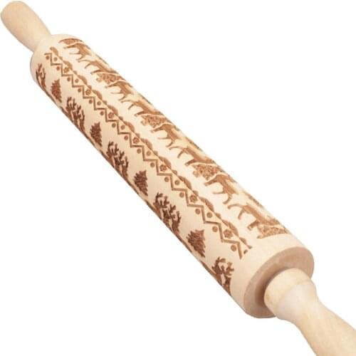 Christmas Rolling Pins Embossing Baking Cookie Engraved Roller Dough Cartoon Cute Elk Pattern Biscuit Cake Rolling Pin