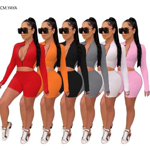 CM.YAYA Sportwear Knitted Ribbed Lucky Embroidery Long Sleeve Zipper Womens Set Tops Shorts Pants Suit Tracksuit Matching Set