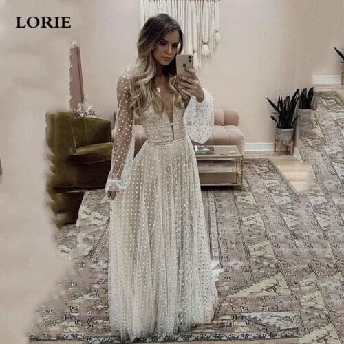 LORIE A Line Puff Sleeve Wedding Dresses V Neck Soft Tulle Robe de Mariee Backless Boho Wedding Gown Plus Size