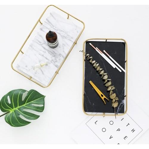 Light Luxury Natural Marble Tray With Metal Frame Chassis Storage Tray Dessert Plate Desktop Decoration
