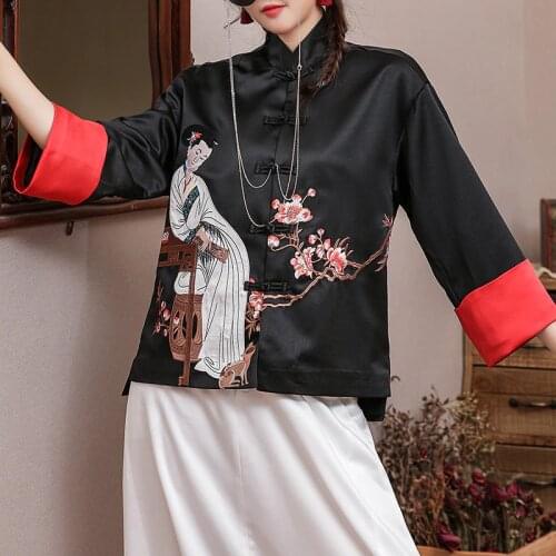 Spring New Chinese Style Short Long-Sleeved Jacket Stand Collar Single-Breasted Loose Embroidered Tang Coat S-XL