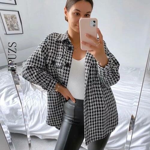 Vintage Houndstooth palid jackets women winter coat 2020 fashion long sleeve shirt jacket female korean outeearr