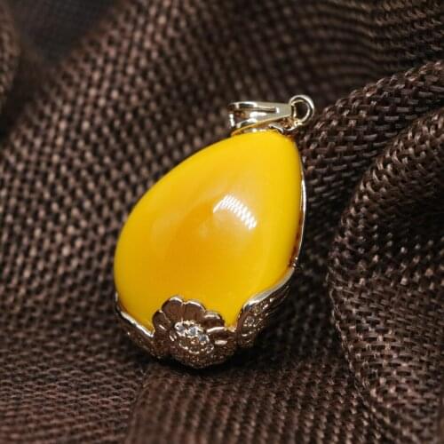 High quality teardrop pendant yellow simulant resin beeswax fashion women fit for diy chain necklace gold-color jewelry B1847