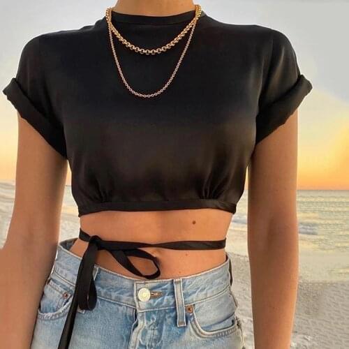 Women Split Open Back Shirt Streetwear Fashion Tops Short sleeve Crew collar Solid Sexy Bandage Lace-up Cropped Blouse Lady 2021