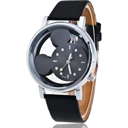 Fashion Mickey Women Watches relogio feminino quartz casual transparent hollow dial leather women watch dress wristwatches clock