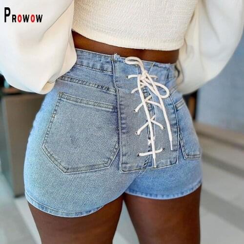 Prowow Summer Women Shorts 2021 New Fashion Bandage Slim Short Jean Zipper Button High Stretched Female Pant Streetwear Trouser