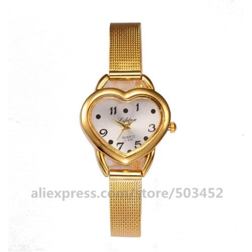 100pcs/lot Hot Sells Women Wristwatch Casual Heart Dial Ladies Watches Gold Color Bracelet Watch Relogios Femininos