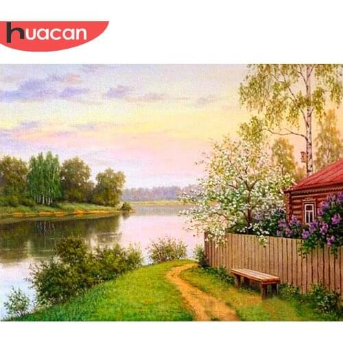 HUACAN Diamond Painting River House Wall Decoration Diamond Embroidery Autumn Landscape Bedroom Decoration