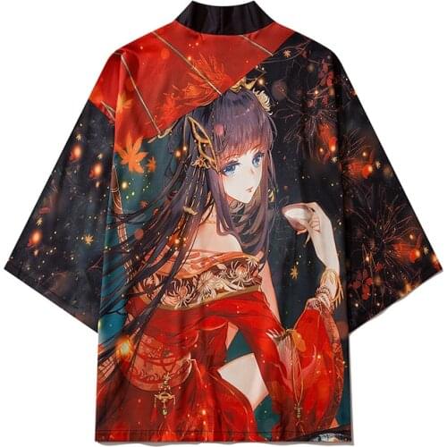 Japanese Anime Beauty Print Kimonos Pants Summer Beach Yukata Women Men Shirt Traditional Cardigan Cosplay Haori Asian Clothes