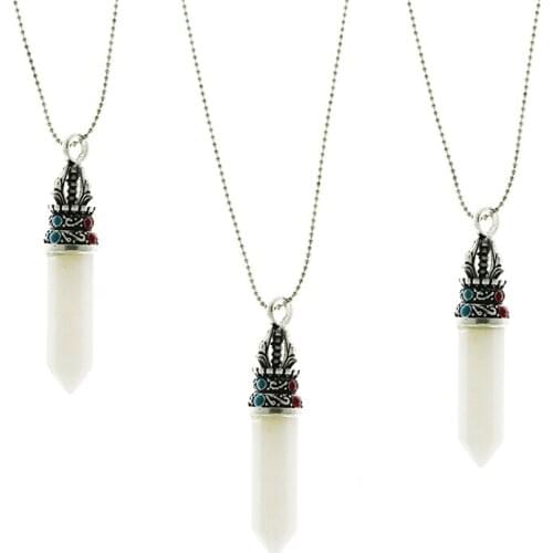 One Pieces Bohemian Ethnic Vintage Hexagon Bullet Shape Natural Stone Crystal Pendants With Beads Chain