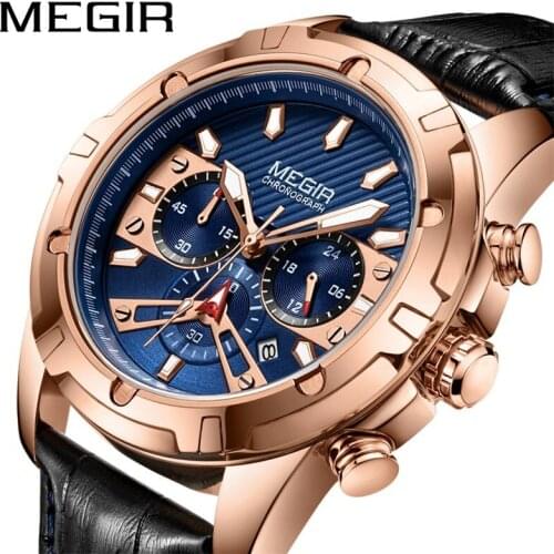 MEGIR Brand New Blue Dial Mens Watch Luminous Waterproof Calendar Chronograph Leather Sports Quartz Watch Relogio Masculino
