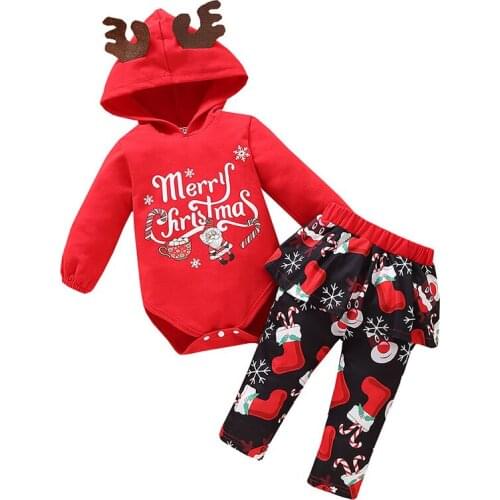Baby Merry Christmas Clothes Set Baby Girl Winter Red Deer Ear Santa Claus Gift Cosplay Costume Hoodie+Culottes Outfits for Bebe