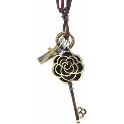 DGW jewelry flower key charm necklaces & pendants kolye, Vintage leather Necklace Men collier femme Men necklace Drop shipping