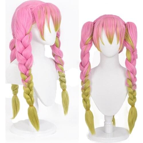 Kanroji Mitsuri Wig Three Ponytails Long Thick Braided Pink Green Cosplay Hair Women Role Play