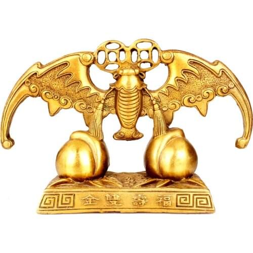Brass ornaments for home to enjoy both felicity and longevity of Feng Shui crafts bat with a base Peach-Shaped Mantou