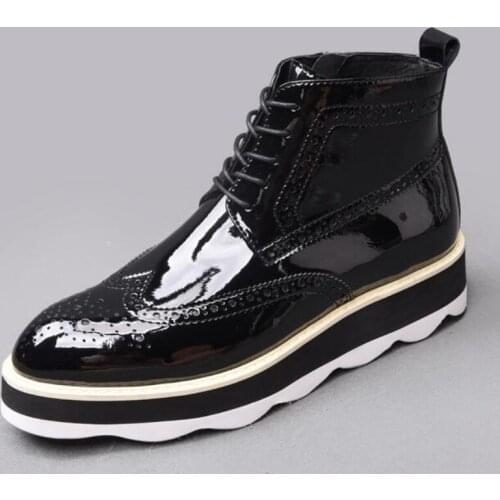 Fashion Mens Patent Leather Pointed Toe Brogue Wing Tip Ankle Boots Punk Med Heels Wedges Thick Shoes Lace Up Motor Biker Boots