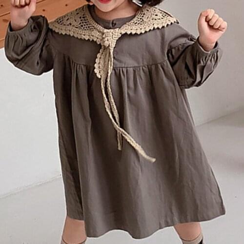 New Spring Autumn Girls Dress Casual Puff-Sleeve Solid Color Lace Collar Loose Cute Kids Clothes Children Dress