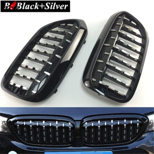 2pcs Black Silver Car Front Center Central Grill Grille Cover Replacement Trim For BMW 5 Series G30 G31 2017 2018