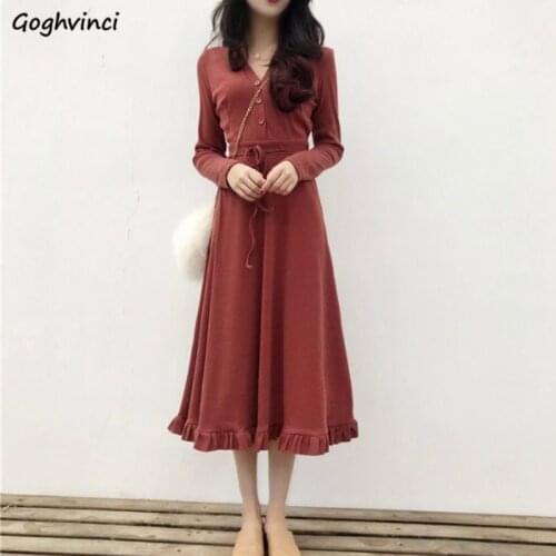 Long Sleeve Dress Women Chic Ruffles Lace-up High-waist Elegant Vintage Dresses Ladies Slim Solid Simple Korean V-neck Trendy