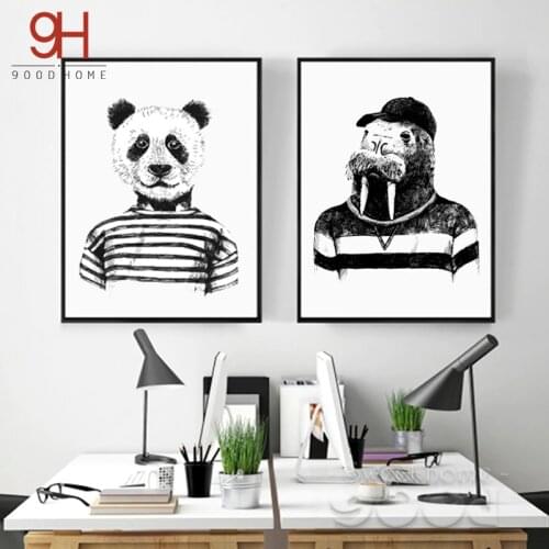 Hand draw Animals Canvas Art Print Poster, Panda And Hippo Set Wall Pictures for Home Decoration, Giclee Wall Decor Cm036