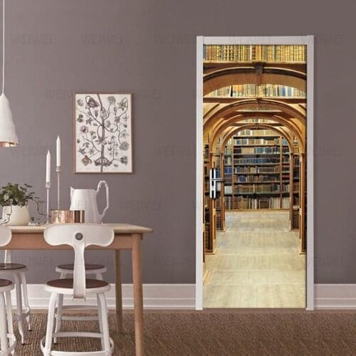PVC Self-adhesive Waterproof Bookshelf Mural Wallpaper Classic 3D Stereo Space Door Sticker Living Room Study Door Mural