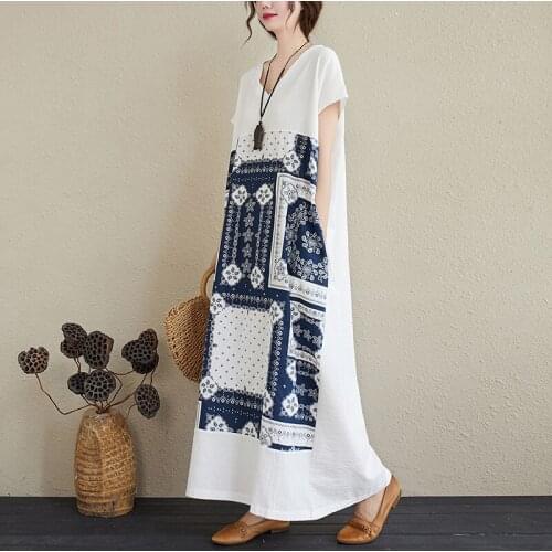 Vintage Loose Printed Women Dresses Summer New V-Neck Straight Knee-Length Female Pulls Tops