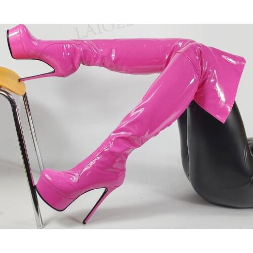 LAIGZEM SUPER Women Over Knee Boots Platform Shiny High Heels Boots Female Frauen Stiefel Female Shoes Woman Large Size 38 42 45