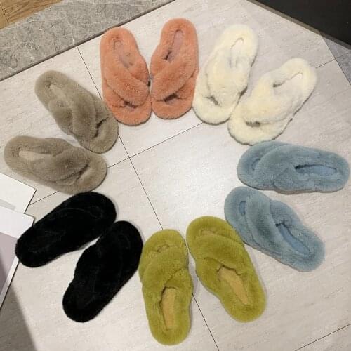 Women Artificial Fur Sliders Furry Sandals 2021 Plush Fashion Slippers Anti-slip Indoor Outdoor Flat Flip Flops