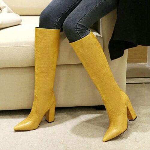 2020 New Basic Women Knee High Boots PU Leather Pointed Toe Square Heel Ladies Boots Stone Pattern Women Shoes Big Size 34-43
