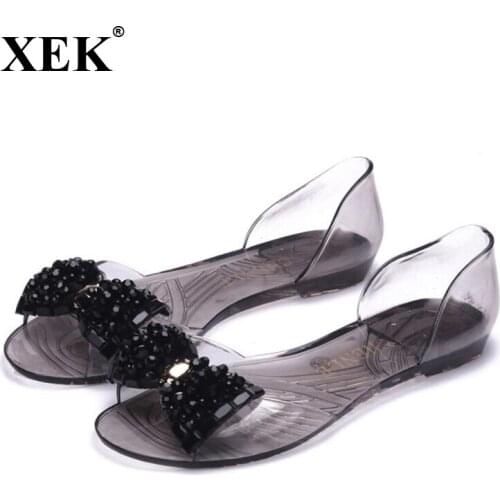 Women Peep Toe Shoes 2017 New Women Solid Bling Bowtie Jelly Shoes Female Slip-On Cover Heel Transparent Bowtie Sandals XC07