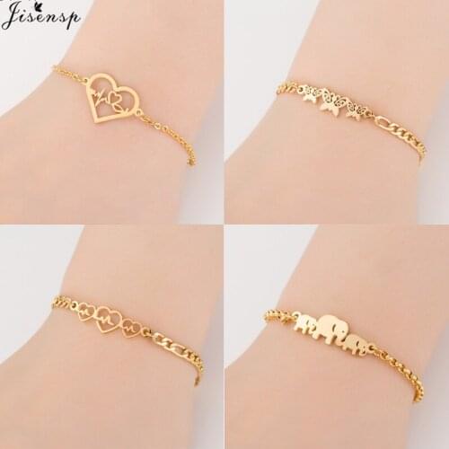 Jisensp Boho Heartbeat Stainless Steel Bracelets for Women Chain Link Elephant Charm Bracelet Couple Bracelet Lovers Accessories