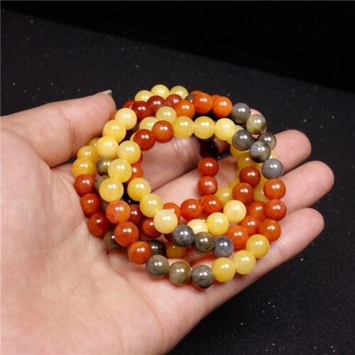 Womens Handmade 8mm Tricolor Jade Bracelet Natural Gold Silk Jade Yellow Gray Red New Round Bead Bracelet