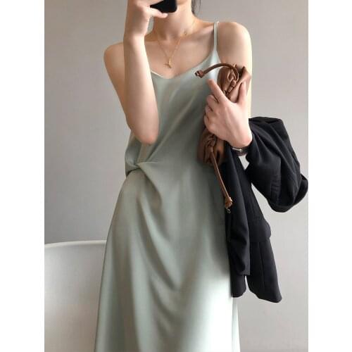 French Retro Suspender Dress Women 2021 Autumn Satin Thin Shoulder Strap Mid-Length Skirt