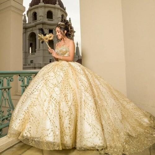 Champagne Gold 2022 Ball Gown Quinceanera Dresses Sequined Sweetheart Neck Beaded Prom Gowns Sweep Train Tulle Sweet 15