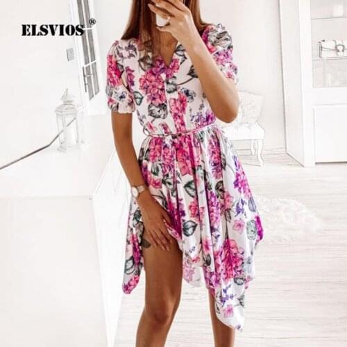 Floral Printed Summer Dress Women V-neck Short Sleeve Bandage Irregular Dress 2021 New Fashion Female Elegant Slim Party Dresses