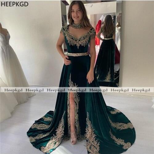 New Design Green Velour Formal Evening Dress Gold Lace Mermaid Long Prom Gowns With Slit Detachable Train Women Party Dresses