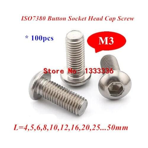 100pcs M3 ISO7380 SUS304 A2 Round Head Screws Hexagon Socket Button Head Screw Bolts M3*4/5/6/8/10/12/16/20/25/30/40/50mm